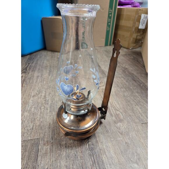 Unbranded Other - Vintage Copper Wall Mount Oil Lamp Lantern Blue Heart Hurricane